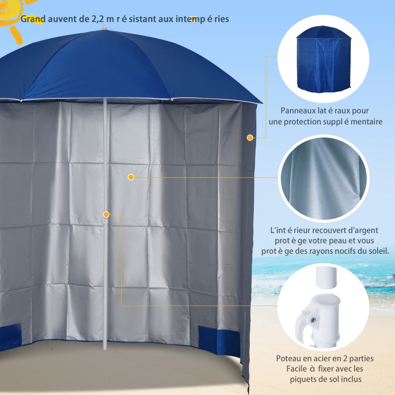 Outsunny Parasol de plage Ø 2,2 x 2,2 cm protection UV sac transport, sardines et lestage intégrés bleu