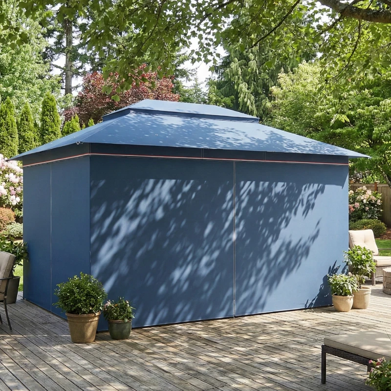 Outsunny 3 x 4 m Outdoor Garden Gazebo with Netting and Curtains, UPF50+ Patio Gazebo Permanent Pavilion Canopy, Dark Blue