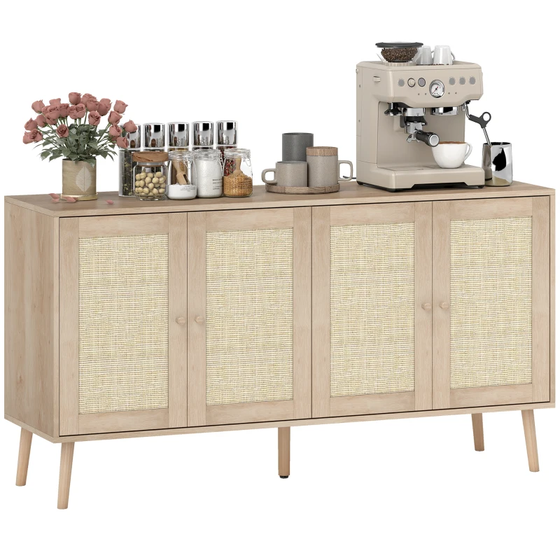 HOMCOM Buffet salon meuble de rangement placards à portes en cannage et étagère réglable 140 x 40 x 75 cm effet bois naturel