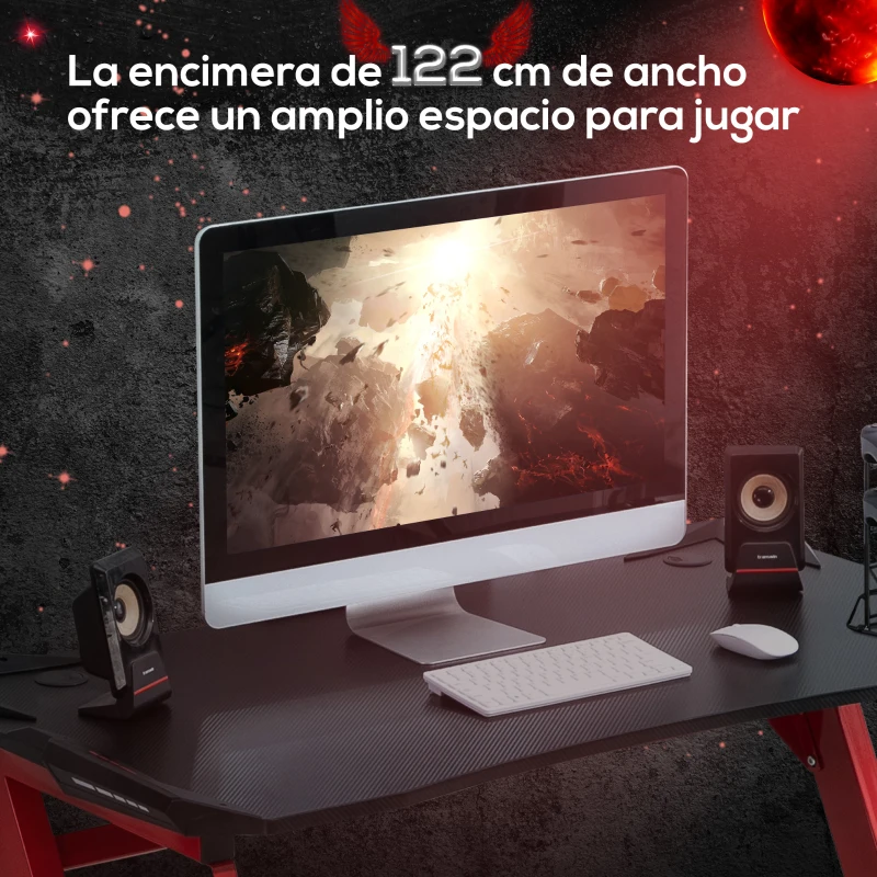 HOMCOM Mesa Gaming Escritorio 122x66x76 cm para Ordenador Tablero de Fibra de Carbono Portavasos Gancho para Auriculares Soporte de Gamepad y 2 Orificios Pasacables Negro y Rojo