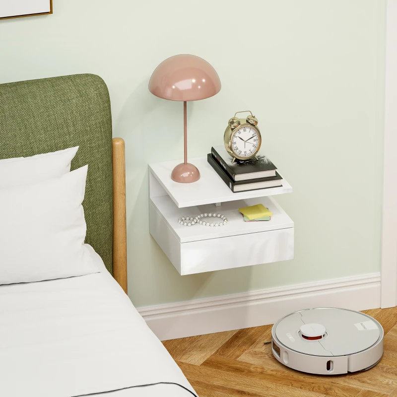HOMCOM Comodino Sospeso per Camera da Letto con Cassetto e Ripiano Aperto in Legno, 35x32x22.5 cm, Bianco