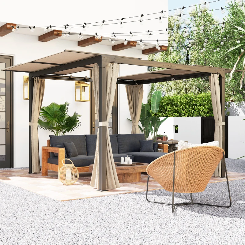 Outsunny Gazebo Pergola con Tende Laterali e Tetto Apribile in Alluminio e Acciaio, 3x3m, Beige