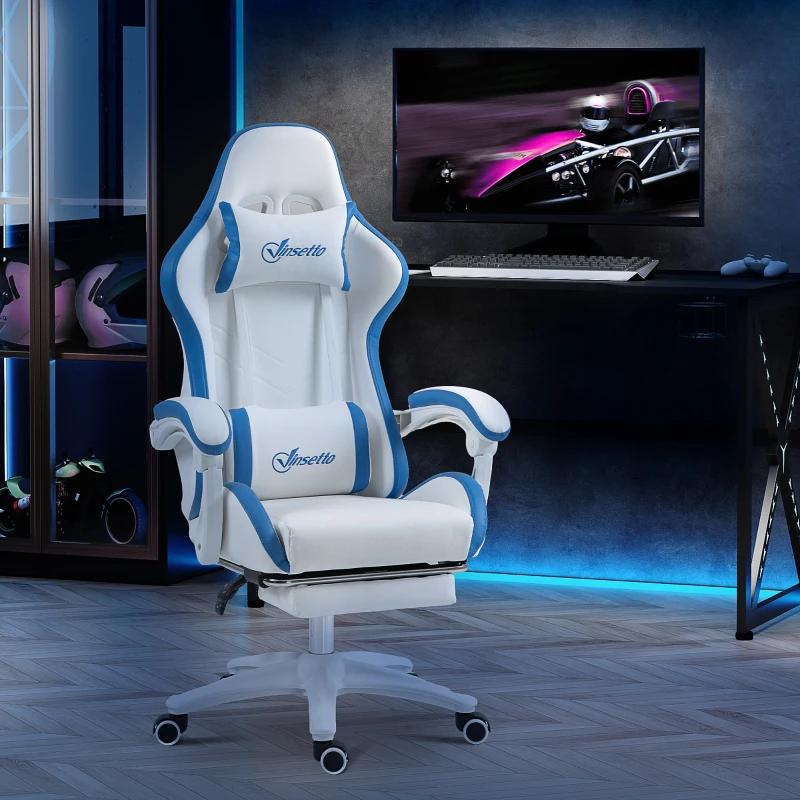 Vinsetto Gaming Chair, Computer Gamer Chair with Reclining High Back, Headrest, Lumbar Support, Footrest, Swivel Wheels, PU Leather, Adjustable Height for Home, White and Blue