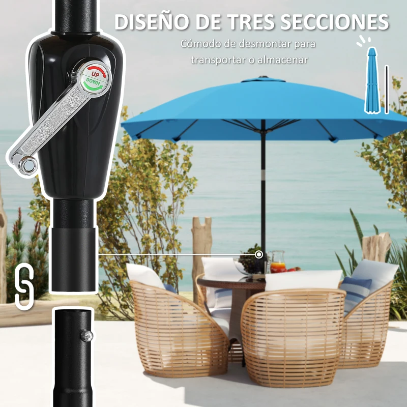 Outsunny Sombrilla de Jardín 233x233 cm Ángulo Ajustable Impermeable Poste de Aluminio Varillas de Fibra de Vidrio Manivela Azul