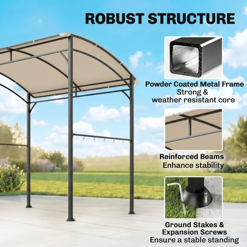 Outsunny 2.2 x 1.5 m BBQ Grill Gazebo Tent, Garden Grill with Metal Frame, Curved Canopy and 10 Hooks, Outdoor Sun Shade, Beige