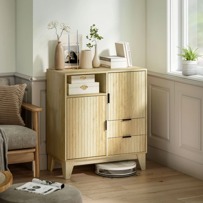 HOMCOM Buffet salon, meuble de rangement, 2 portes, 2 tiroirs, étagère réglable, compartiment ouvert, 80x40x90cm, bois naturel