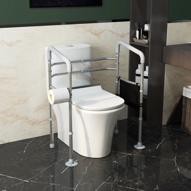 HOMCOM Cadre de toilettes accoudoirs largeur et hauteur réglables support de maintien avec pochette rangement gris