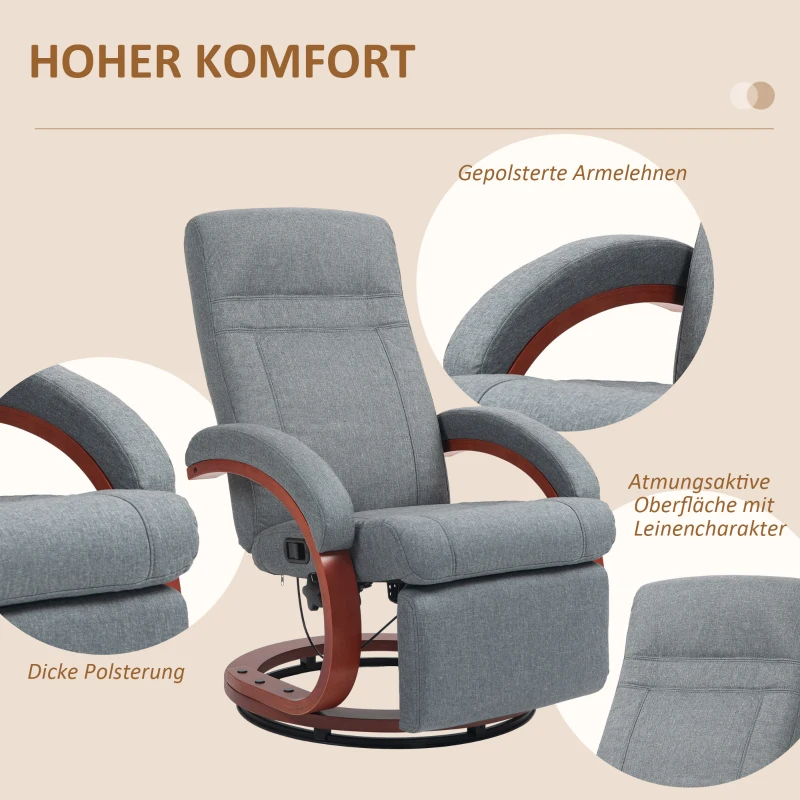 HOMCOM Relaxsessel mit klappbarer Fußstütze, drehbar, neigbare Lehne, Leinenoptik, bis 140 kg, Grau(m-7)