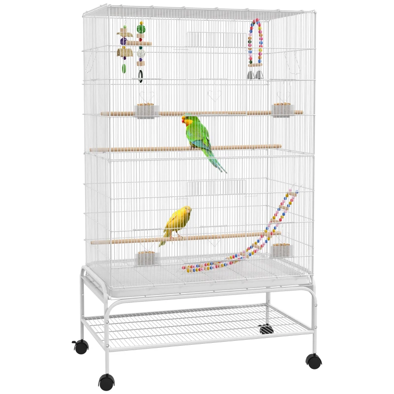 PawHut Cage à oiseaux sur pieds roulettes avec 4 mangeoires et 3 perchoirs 79 x 49 x 133 cm blanc