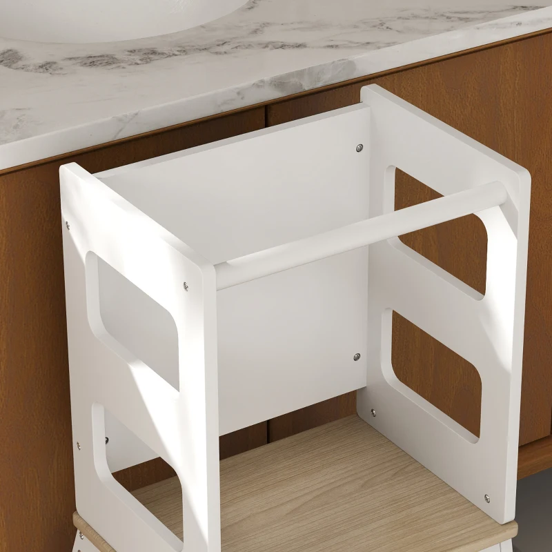 AIYAPLAY Torre Montessoriana per Bambini con Lavagna e Ringhiera, in Legno, 55x52.5x87.5 cm, Bianco e color Legno