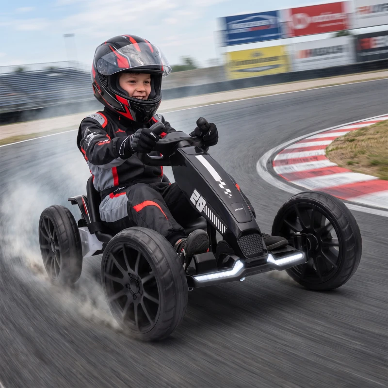 AIYAPLAY Go-Kart eléctrico para niños 12V Gokart con 2 motores, asiento ajustable en 4 posiciones, arranque suave, ruedas EVA, faros LED