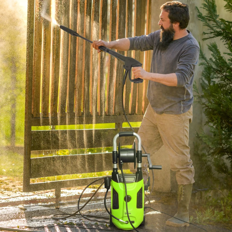 Outsunny 1800W High Pressure Washer, 150 Bar Pressure, 420 L/h Flow, Portable Power Washer Jet Wash Cleaner with Adjustable Nozzle, 6M Hose, Hose Reel, Steel Handle for Home Patio Car Driveway, Green