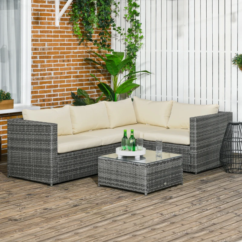 Outsunny 3 Pieces PE Rattan Garden Furniture Set with 10 cm Thick Cushions, 4 Seater Garden Corner Sofa Set with Glass Top Coffee Table, Outdoor Furniture for Patio, Porch, Beige