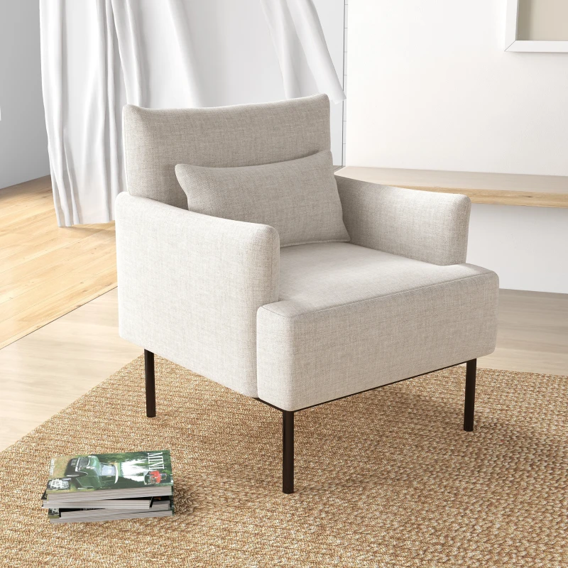 HOMCOM Poltrona Moderna d'Arredo con Cuscino Extra, in Tessuto Effetto Lino e Acciaio, 73x81x82 cm, Bianco Crema