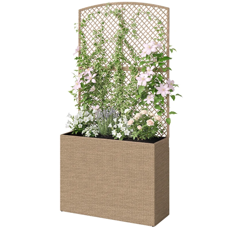 Outsunny Rattan Planter with Trellis, Raised Beds for Garden with Liner for Climbing Plants Vegetables Flowers, Light Grey