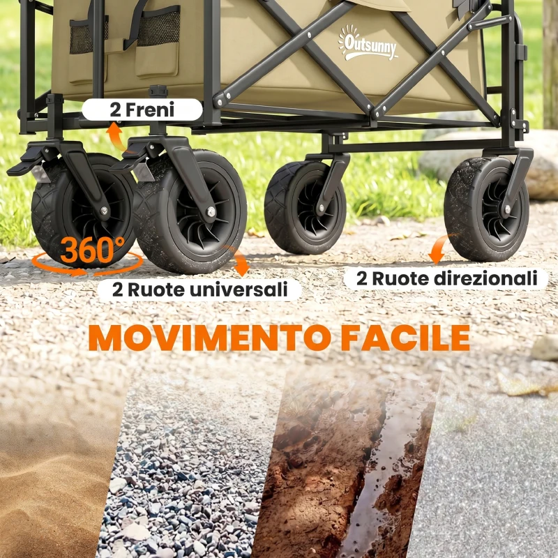 Outsunny Carrello da Giardino 110L con Maniglia Telescopica e Fondo Apribile in Acciaio e Tessuto Oxford, Cachi
