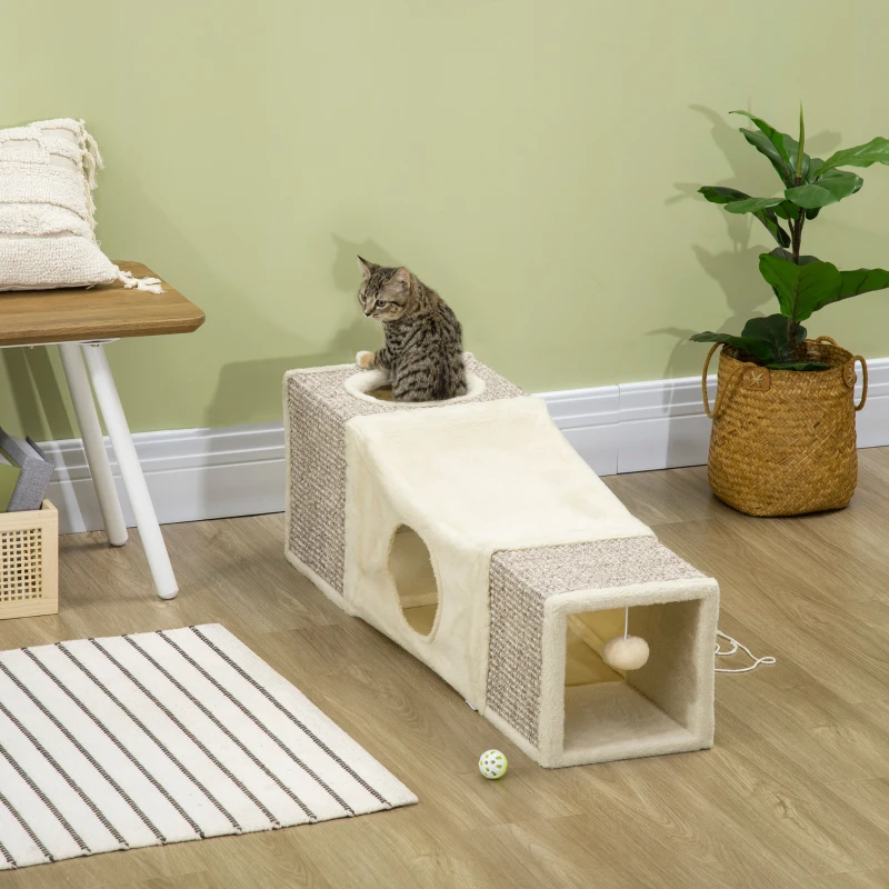 PawHut Tunnel per Gatti Pieghevole con Casette, Tiragraffi e Pallina in Peluche e Sisal, Crema