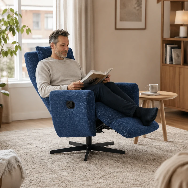 Comfortabele draaifauteuil, relaxfunctie en ligstand, uitschuifbare voetensteun, 67x80.5x110 cm, Blauw