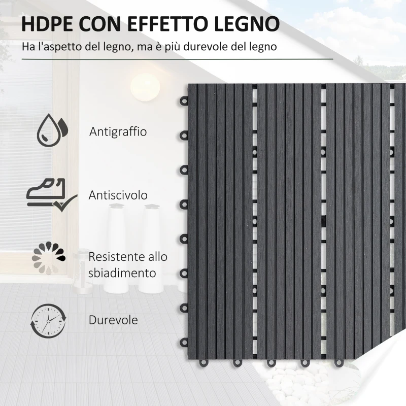 Outsunny Set 11 Piastrelle per Esterni ad Incastro Antiscivolo in HDPE Riciclato, 30x30x2.2 cm, Grigio
