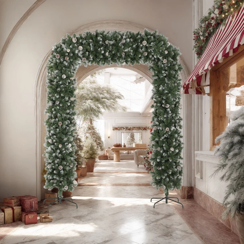HOMCOM 8.2 ft Snow Frosted Christmas Tree Arch, Christmas Arch Doorway Decor with 1800 Tips and 91 Pinecones, Artificial Xmas Tree with Metal Stand for Indoor, Green
