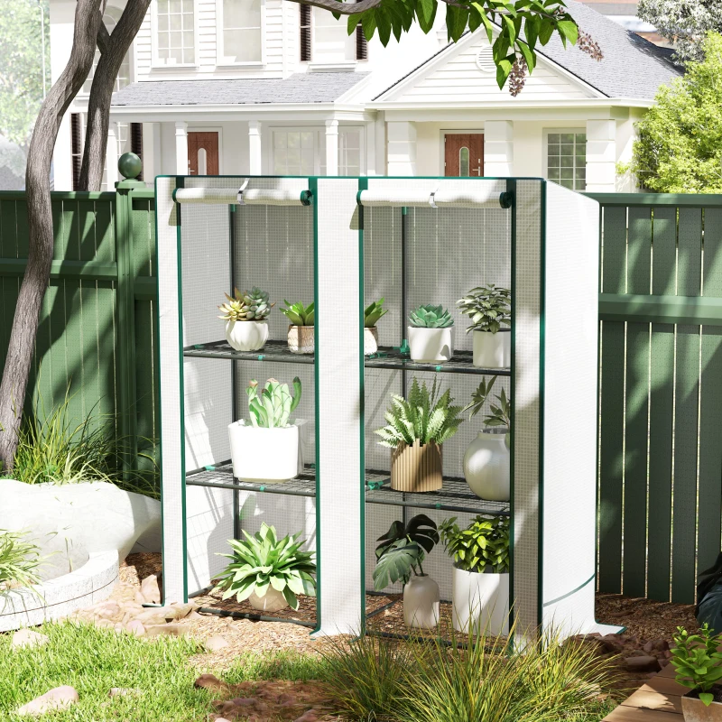 Outsunny Serra da Giardino con 2 Porte Avvolgibili, Scaffale a 3 Ripiani e Tasche Laterali, Bianco e Verde