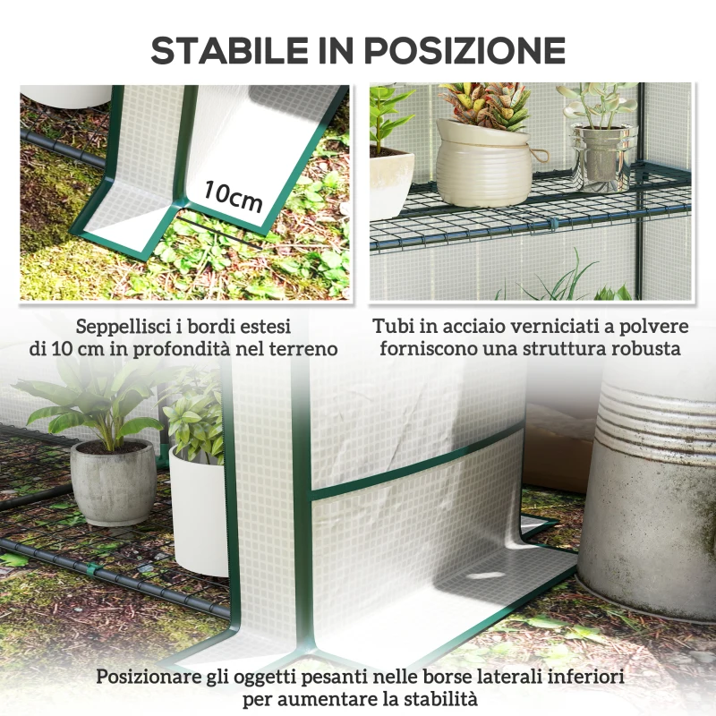 Outsunny Serra da Giardino con 2 Porte Avvolgibili, Scaffale a 3 Ripiani e Tasche Laterali, Bianco e Verde