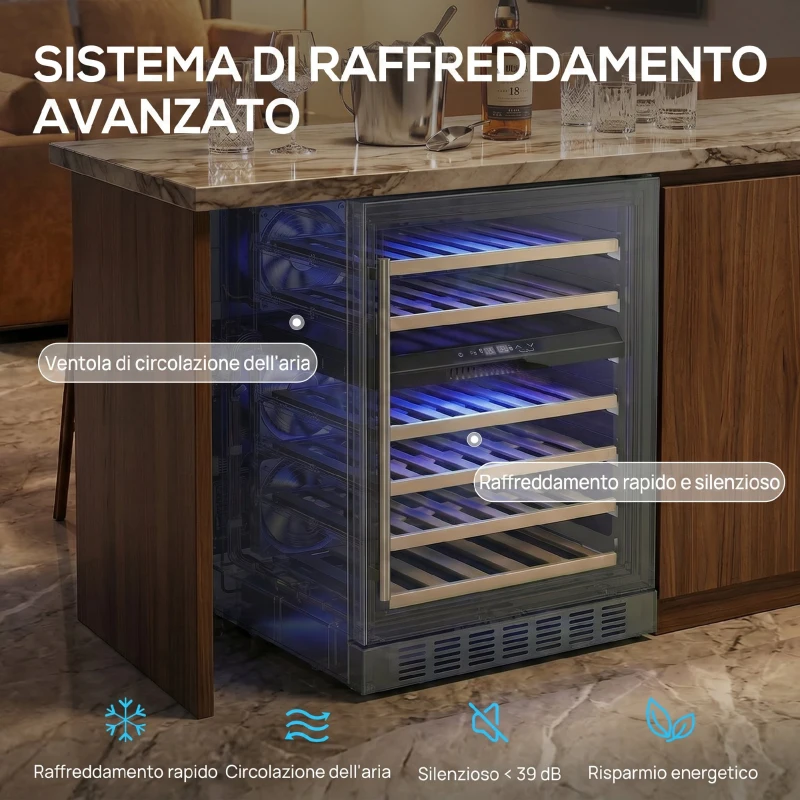HOMCOM Cantinetta Vino Doppia Temperatura 5–18 °C 46 Bottiglie 131L con Porta in Vetro Temperato Triplo, Nero