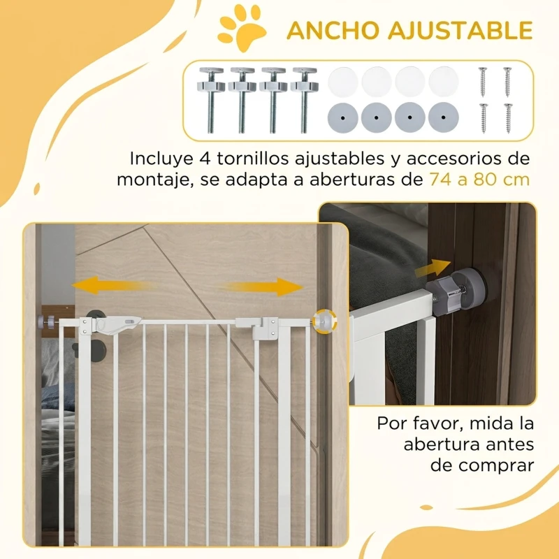 PawHut Barrera de Seguridad Ajustable con Puerta Pequeña Cierre Automático y Sistema de Doble Bloqueo 74-80x104,1 cm Blanco