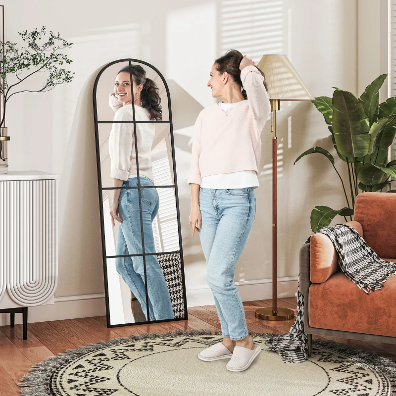 HOMCOM Grand miroir mural ou sur pied 40 x 160 cm de fenêtre arquée avec cadre en métal, film antidéflagrant, noir