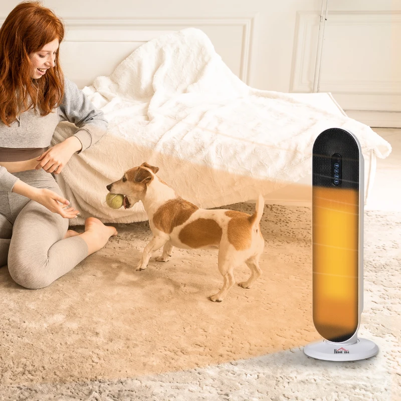 HOMCOM Calefactor Cerámico de Torre 1200W/2000W Calefactor PTC con Mando a Distancia Termostato Temporizador de 24H Oscilación 45° y Sistema Antivuelco para Sala de 20 m² Blanco y Negro