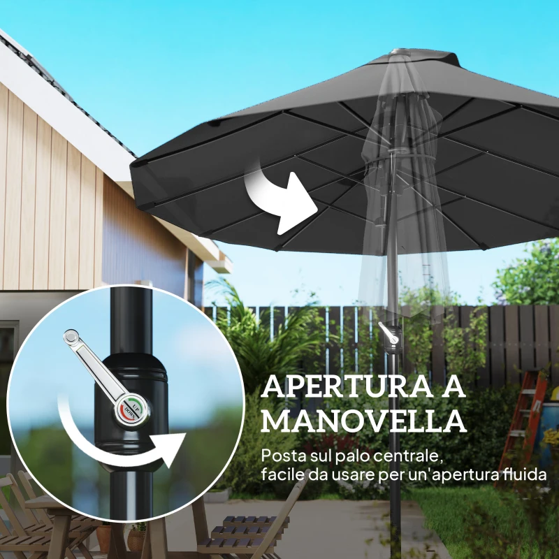 Outsunny Ombrellone da Giardino Doppio con Apertura a Manovella, in Acciaio e Poliestere, 455x265x238cm, Nero