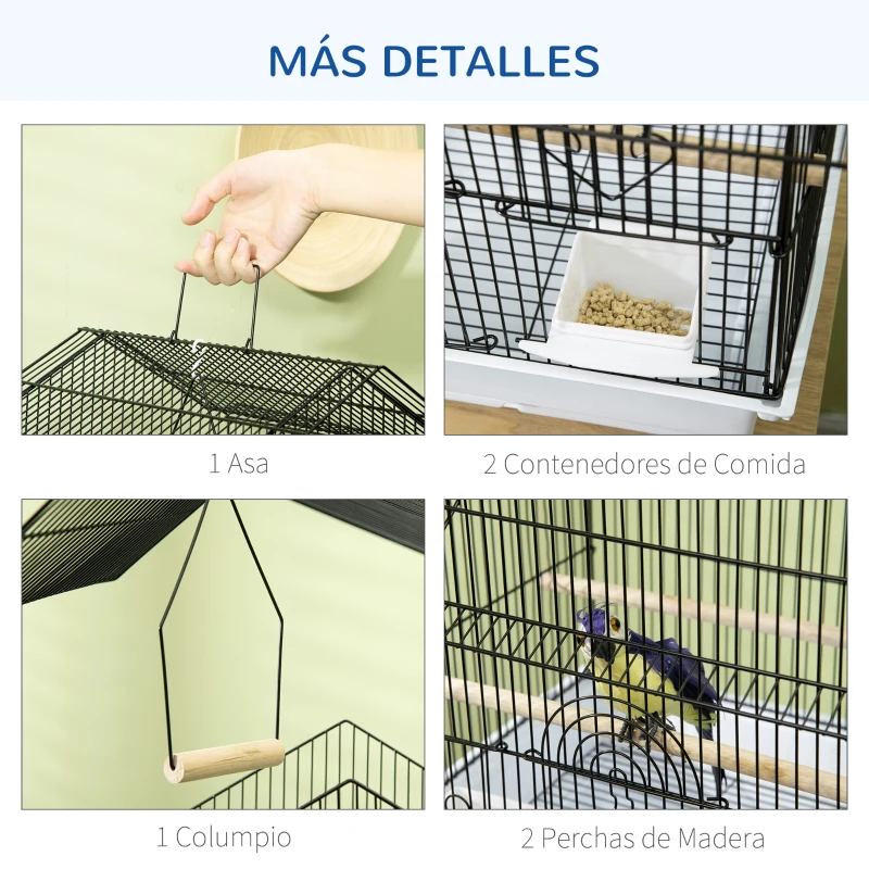 PawHut Jaula para Pájaros de Acero Pajarera con Bandeja Extraíble y 2 Comederos Pinzones Periquitos 50,5x41x63 cm Blanco