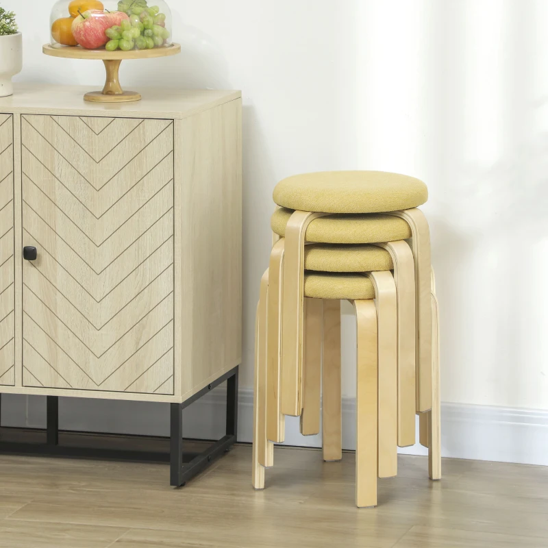 HOMCOM Juego de 4 Taburetes Redondos de Madera Apilables con Asiento Acolchado para Cocina Comedor Dormitorio Amarillo