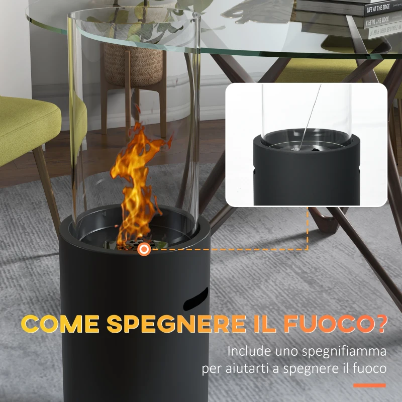 HOMCOM Camino a Bioetanolo in Acciaio e Vetro con Capacità 0.3L e Copertura 15㎡, 27x27x82 cm, Nero