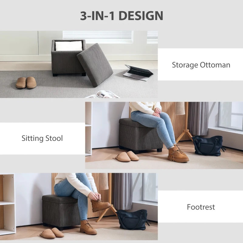 HOMCOM Storage Ottoman Bench, Corduroy Storage Chest Box with Wooden Legs, 40cm Bed End Bench for Living Room, Bedroom, Entryway, Grey