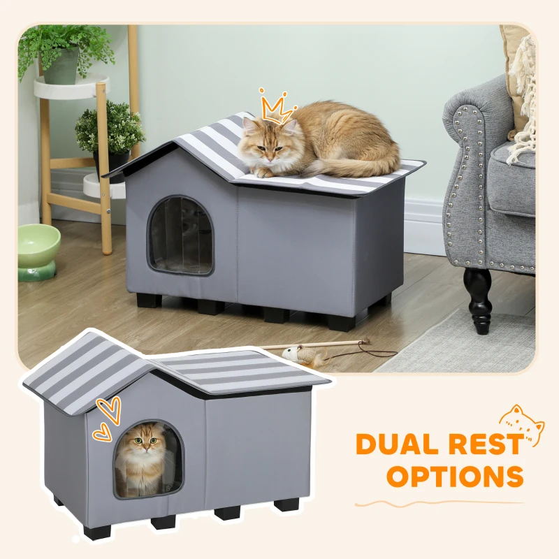 PawHut Outdoor Cat House, Weather Resistant Feral Cat Cave with Elevated Base and Cushion for Winter, Grey