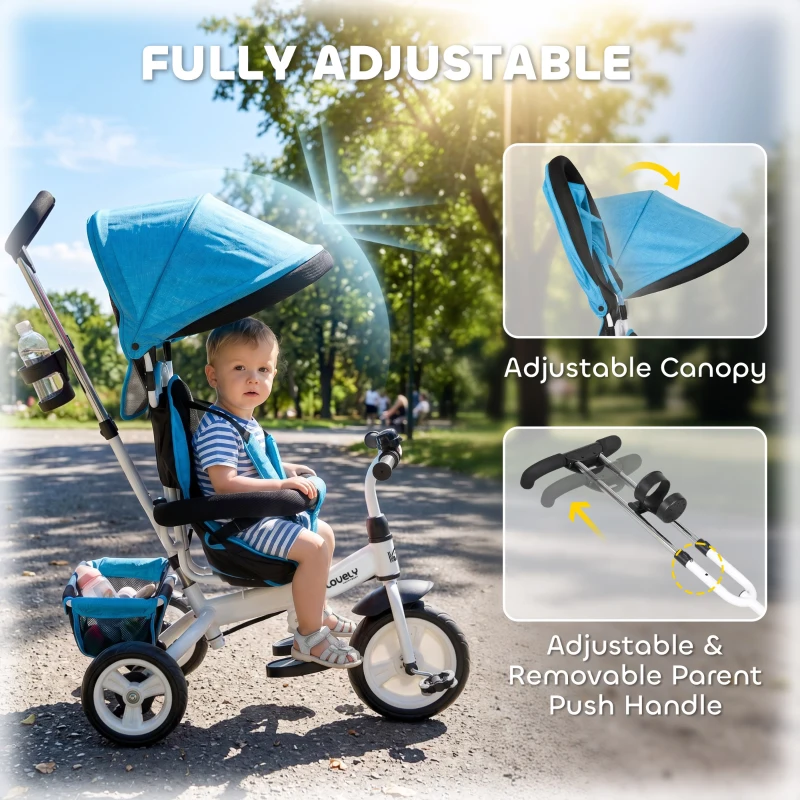 HOMCOM 6 in 1 Kids Trike Push Bike w/ Push Handle, Canopy, 5-point Seat Belt, Storage, Footrest, Brake, for 1-5 Years, Blue