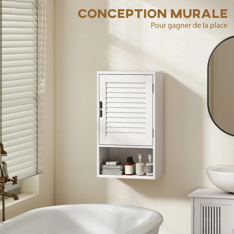 HOMCOM Armoire murale de salle de bain avec porte à lattes, étagère réglable et compartiment ouvert, 40x20x60cm, blanc
