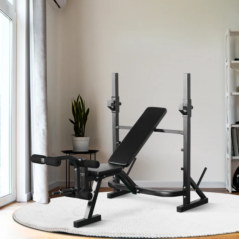HOMCOM Banco de Pesas Banco de Musculación Multifuncional con Soporte Barra de Pesas Altura Ajustable de 3 Niveles Carga 300 kg para Entrenamiento Fitness de Cuerpo Completo Negro