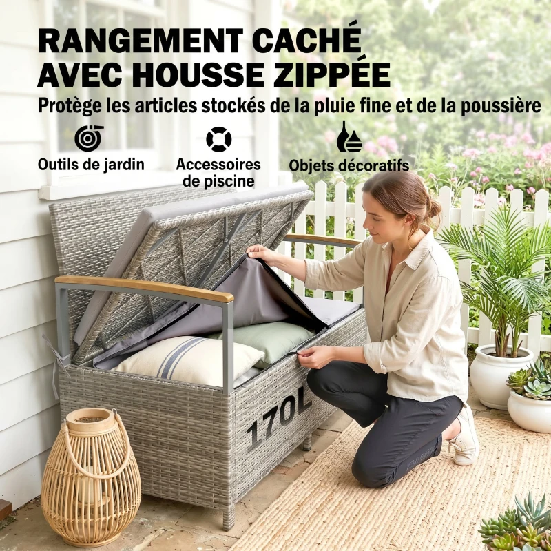 Outsunny Banc de Jardin Banquette avec Coffre de Rangement 170L 2 Places Coussin Déhoussable Résine Tressée 120x60x84cm Gris