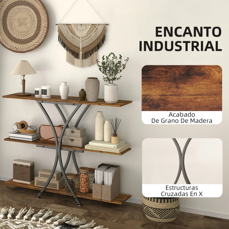 HOMCOM Mesa de Consola Mesa de Sofá con 2 Estantes Abiertos y Marco Metálico en X Estilo Industrial Marrón Rústico