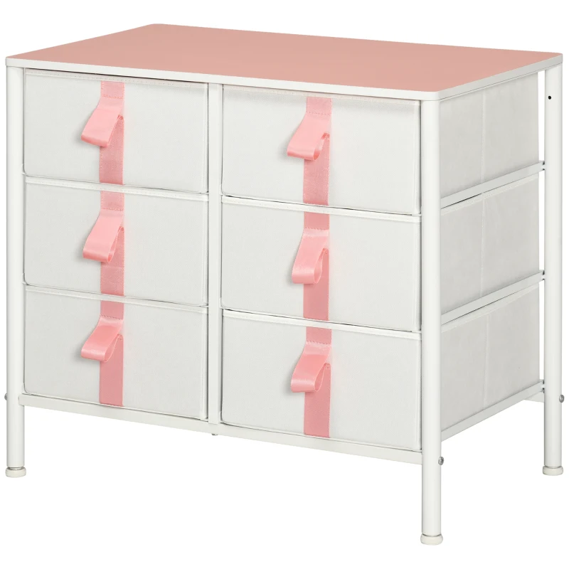 HOMCOM Chest of Drawers, Cloth Organizer Unit with 6 Fabric Drawers, Metal Frame and Wooden Top, Storage Cabinet for Kids Room, Living Room, Closet, Hallway, Pink