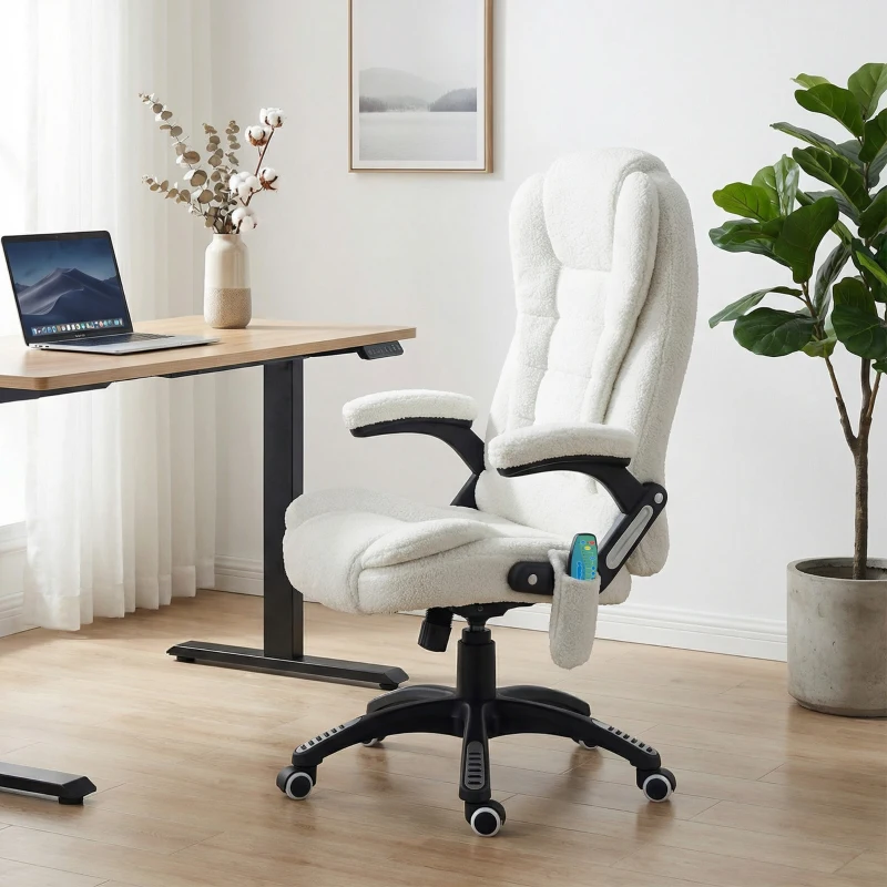 Vinsetto Sedia da Ufficio Massaggiante e Regolabile con Telecomando, in Tessuto Teddy, 67x74x107-116 cm, Bianco