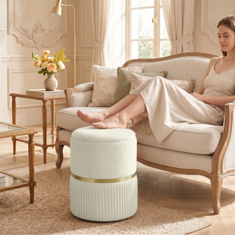 HOMCOM Round Storage Stool, Velvet-feel Fabric Upholstered Vanity Stool with Removable Top, Padded Seat and Hidden Space, Beige