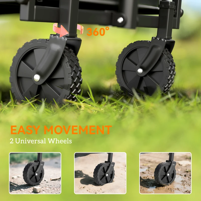 Outsunny 62L Festival Trolley on Wheels, Portable Small Folding Trolley Cart, 60kg Heavy Duty Collapsible Foldable Wagon with Adjustable Handle and Carrying Bag for Beach, Camping, Garden, Black