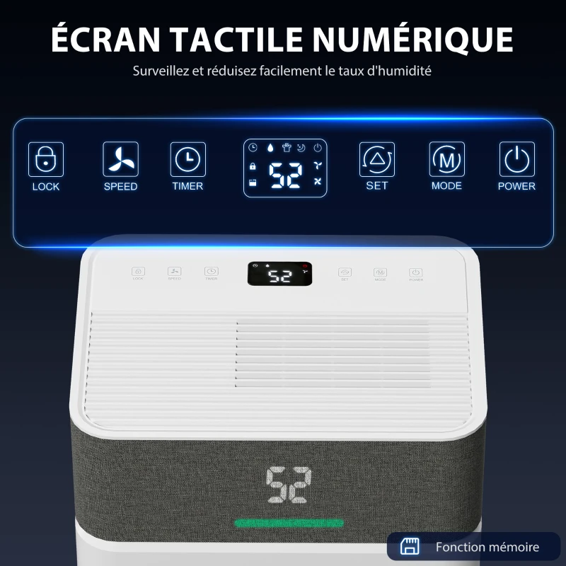 HOMCOM Déshumidificateur d'air 12 L/jour, déshumidificateur silencieux, réservoir d'eau 2,1 L, écran LED, 28x18,5x50,5cm, blanc