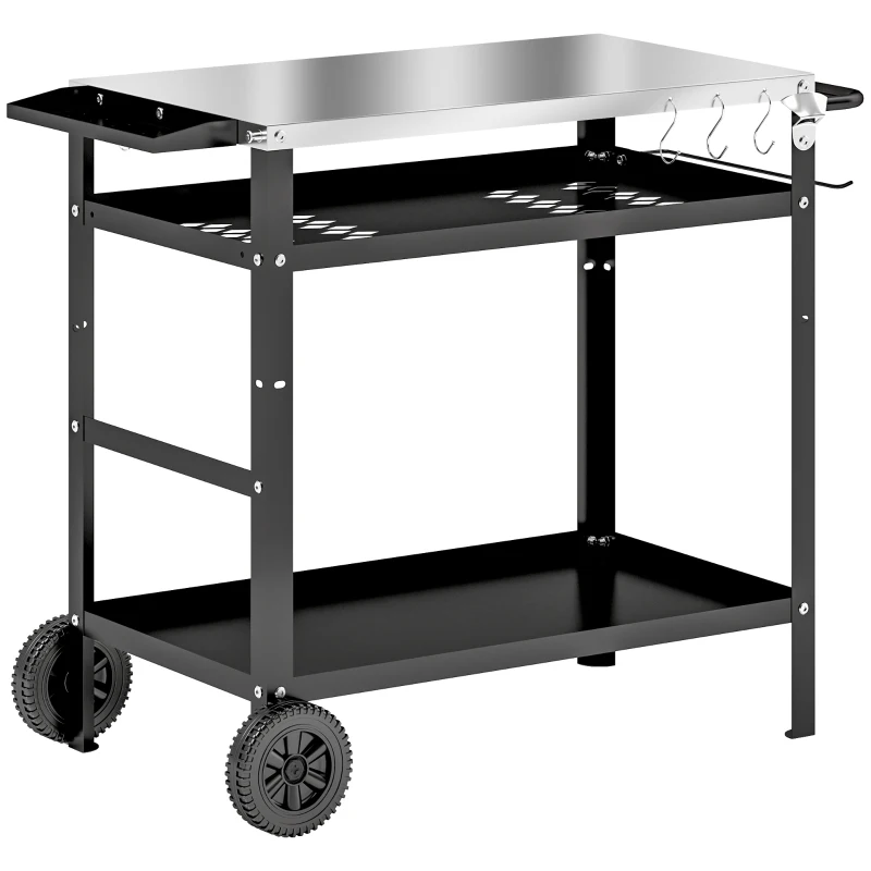Outsunny BBQ Trolley with Stainless Steel Top Adjustable Shelf, Outdoor Kitchen Barbecue Station with Hooks Seasoning Tray Towel Rack, Pizza Oven Table Movable Grill Dining Cart with Cover, Black