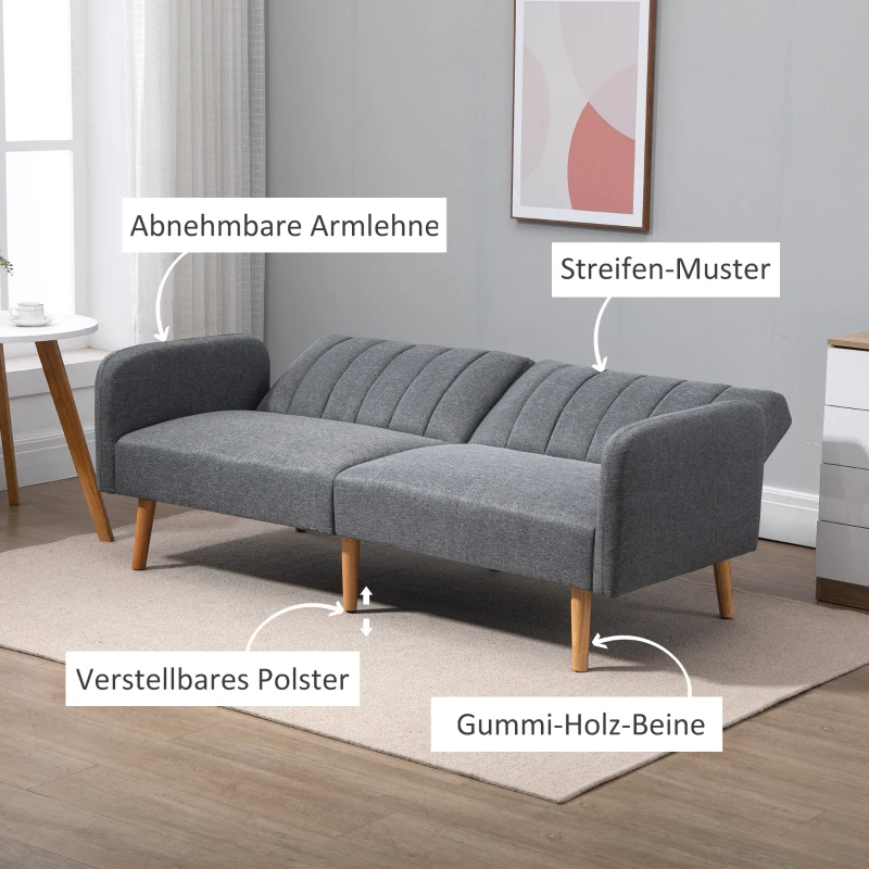 HOMCOM Schlafsofa, 2-Sitzer Stoffsofa, Sofa mit Schlaffunktion, leinenartiges Polyester, Kautschukholz, 173 x 75 x 73 cm, Grau