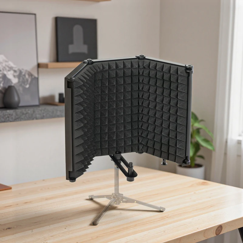 HOMCOM Studio Microphone Isolation Shield, Foldable Adjustable Recording Studio Equipment, 3-Panel High Density Absorbent Foam Shield with 3/8" Threaded Mount, Black