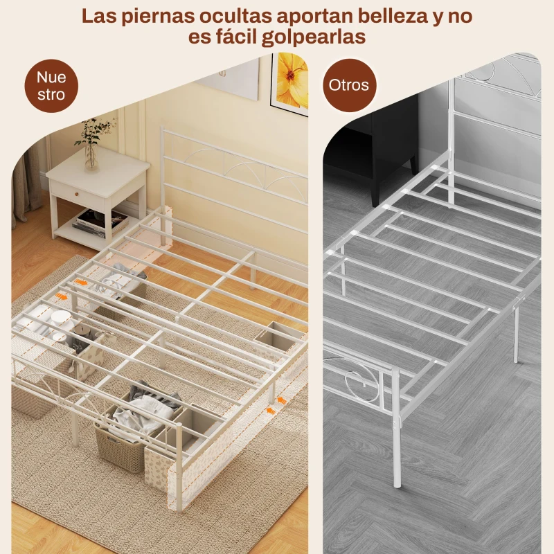 HOMCOM Cama Doble 135x190 cm Estructura Metálica con Cabecero Somier Altura 28 cm Espacio de Almacenamiento Carga 330 kg Blanco